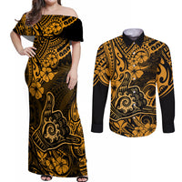 Hawaii Shaka Sign Couples Matching Off Shoulder Maxi Dress and Long Sleeve Button Shirts With Polynesian Hibiscus Gold Unique LT01 Gold - Polynesian Pride