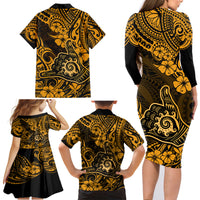 Hawaii Shaka Sign Family Matching Long Sleeve Bodycon Dress and Hawaiian Shirt With Polynesian Hibiscus Gold Unique LT01 - Polynesian Pride