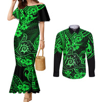 Hawaii Shaka Sign Couples Matching Mermaid Dress and Long Sleeve Button Shirts With Polynesian Hibiscus Green Unique LT01 Green - Polynesian Pride