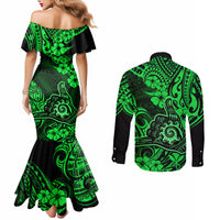 Hawaii Shaka Sign Couples Matching Mermaid Dress and Long Sleeve Button Shirts With Polynesian Hibiscus Green Unique LT01 - Polynesian Pride