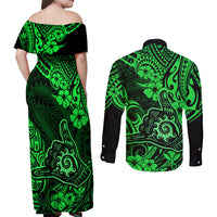 Hawaii Shaka Sign Couples Matching Off Shoulder Maxi Dress and Long Sleeve Button Shirts With Polynesian Hibiscus Green Unique LT01 - Polynesian Pride