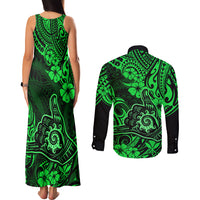 Hawaii Shaka Sign Couples Matching Tank Maxi Dress and Long Sleeve Button Shirts With Polynesian Hibiscus Green Unique LT01 - Polynesian Pride