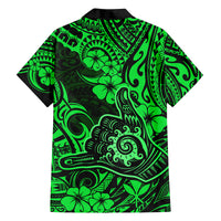 Hawaii Shaka Sign Family Matching Off Shoulder Short Dress and Hawaiian Shirt With Polynesian Hibiscus Green Unique LT01 - Polynesian Pride