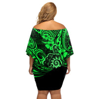 Hawaii Shaka Sign Off Shoulder Short Dress With Polynesian Hibiscus Green Unique LT01 - Polynesian Pride