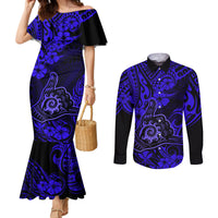 Hawaii Shaka Sign Couples Matching Mermaid Dress and Long Sleeve Button Shirts With Polynesian Hibiscus Navy Blue Unique LT01 Blue - Polynesian Pride