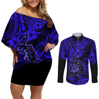 Hawaii Shaka Sign Couples Matching Off Shoulder Short Dress and Long Sleeve Button Shirts With Polynesian Hibiscus Navy Blue Unique LT01 Blue - Polynesian Pride