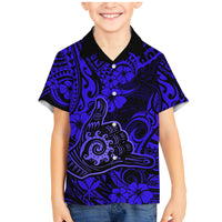 Hawaii Shaka Sign Family Matching Mermaid Dress and Hawaiian Shirt With Polynesian Hibiscus Navy Blue Unique LT01 Son's Shirt Blue - Polynesian Pride