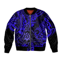 Hawaii Shaka Sign Sleeve Zip Bomber Jacket With Polynesian Hibiscus Navy Blue Unique LT01 Unisex Blue - Polynesian Pride