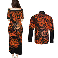 Hawaii Shaka Sign Couples Matching Puletasi Dress and Long Sleeve Button Shirts With Polynesian Hibiscus Orange Unique LT01 - Polynesian Pride