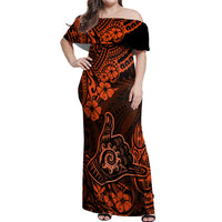 Hawaii Shaka Sign Off Shoulder Maxi Dress With Polynesian Hibiscus Orange Unique LT01 Women Orange - Polynesian Pride