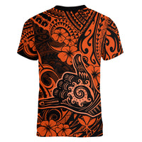 Hawaii Shaka Sign Women V Neck T Shirt With Polynesian Hibiscus Orange Unique LT01 - Polynesian Pride