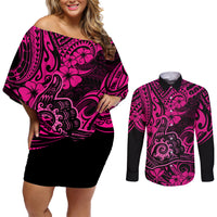 Hawaii Shaka Sign Couples Matching Off Shoulder Short Dress and Long Sleeve Button Shirts With Polynesian Hibiscus Pink Unique LT01 Pink - Polynesian Pride