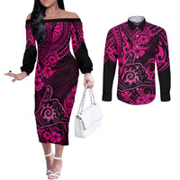 Hawaii Shaka Sign Couples Matching Off The Shoulder Long Sleeve Dress and Long Sleeve Button Shirts With Polynesian Hibiscus Pink Unique LT01 Pink - Polynesian Pride