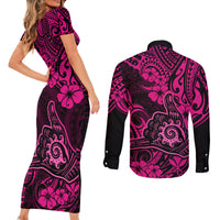 Hawaii Shaka Sign Couples Matching Short Sleeve Bodycon Dress and Long Sleeve Button Shirts With Polynesian Hibiscus Pink Unique LT01 - Polynesian Pride