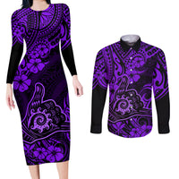 Hawaii Shaka Sign Couples Matching Long Sleeve Bodycon Dress and Long Sleeve Button Shirts Polynesian Pattern Purple Version LT01 Purple - Polynesian Pride