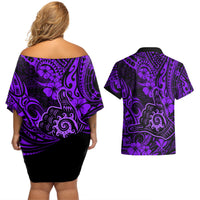 Hawaii Shaka Sign Couples Matching Off Shoulder Short Dress and Hawaiian Shirt Polynesian Pattern Purple Version LT01 - Polynesian Pride