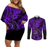 Hawaii Shaka Sign Couples Matching Off Shoulder Short Dress and Long Sleeve Button Shirts Polynesian Pattern Purple Version LT01 Purple - Polynesian Pride