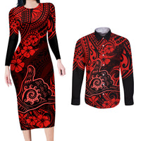 Hawaii Shaka Sign Couples Matching Long Sleeve Bodycon Dress and Long Sleeve Button Shirts Polynesian Pattern Red Version LT01 Red - Polynesian Pride