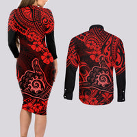 Hawaii Shaka Sign Couples Matching Long Sleeve Bodycon Dress and Long Sleeve Button Shirts Polynesian Pattern Red Version LT01 - Polynesian Pride