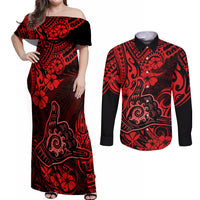 Hawaii Shaka Sign Couples Matching Off Shoulder Maxi Dress and Long Sleeve Button Shirts Polynesian Pattern Red Version LT01 Red - Polynesian Pride