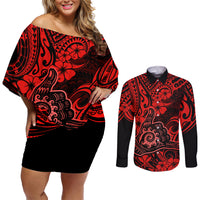 Hawaii Shaka Sign Couples Matching Off Shoulder Short Dress and Long Sleeve Button Shirts Polynesian Pattern Red Version LT01 Red - Polynesian Pride