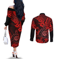 Hawaii Shaka Sign Couples Matching Off The Shoulder Long Sleeve Dress and Long Sleeve Button Shirts Polynesian Pattern Red Version LT01 - Polynesian Pride