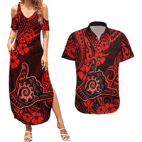 Hawaii Shaka Sign Couples Matching Summer Maxi Dress and Hawaiian Shirt Polynesian Pattern Red Version LT01 Red - Polynesian Pride