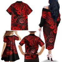 Hawaii Shaka Sign Family Matching Off Shoulder Long Sleeve Dress and Hawaiian Shirt Polynesian Pattern Red Version LT01 - Polynesian Pride