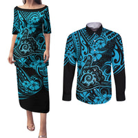Hawaii Shaka Sign Couples Matching Puletasi Dress and Long Sleeve Button Shirts Polynesian Pattern Sky Blue Version LT01 Blue - Polynesian Pride