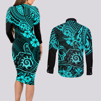 Hawaii Shaka Sign Couples Matching Long Sleeve Bodycon Dress and Long Sleeve Button Shirts Polynesian Pattern Turquoise Version LT01 - Polynesian Pride