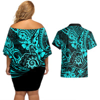 Hawaii Shaka Sign Couples Matching Off Shoulder Short Dress and Hawaiian Shirt Polynesian Pattern Turquoise Version LT01 - Polynesian Pride