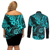 Hawaii Shaka Sign Couples Matching Off Shoulder Short Dress and Long Sleeve Button Shirts Polynesian Pattern Turquoise Version LT01 - Polynesian Pride