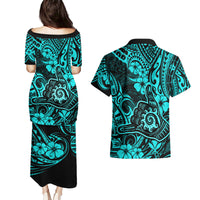 Hawaii Shaka Sign Couples Matching Puletasi Dress and Hawaiian Shirt Polynesian Pattern Turquoise Version LT01 - Polynesian Pride