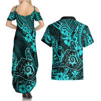 Hawaii Shaka Sign Couples Matching Summer Maxi Dress and Hawaiian Shirt Polynesian Pattern Turquoise Version LT01 - Polynesian Pride