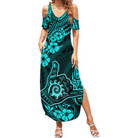 Hawaii Shaka Sign Family Matching Summer Maxi Dress and Hawaiian Shirt Polynesian Pattern Turquoise Version LT01 Mom's Dress Turquoise - Polynesian Pride
