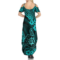 Hawaii Shaka Sign Family Matching Summer Maxi Dress and Hawaiian Shirt Polynesian Pattern Turquoise Version LT01 - Polynesian Pride
