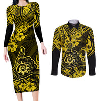 Hawaii Shaka Sign Couples Matching Long Sleeve Bodycon Dress and Long Sleeve Button Shirts Polynesian Pattern Yellow Version LT01 Yellow - Polynesian Pride