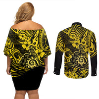 Hawaii Shaka Sign Couples Matching Off Shoulder Short Dress and Long Sleeve Button Shirts Polynesian Pattern Yellow Version LT01 - Polynesian Pride