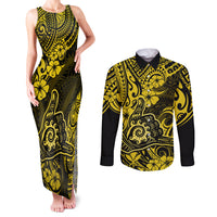 Hawaii Shaka Sign Couples Matching Tank Maxi Dress and Long Sleeve Button Shirts Polynesian Pattern Yellow Version LT01 Yellow - Polynesian Pride