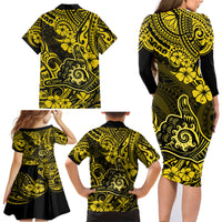 Hawaii Shaka Sign Family Matching Long Sleeve Bodycon Dress and Hawaiian Shirt Polynesian Pattern Yellow Version LT01 - Polynesian Pride