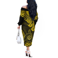 Hawaii Shaka Sign Off The Shoulder Long Sleeve Dress Polynesian Pattern Yellow Version LT01 - Polynesian Pride