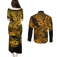Hawaii Shark Couples Matching Puletasi Dress and Long Sleeve Button Shirts Polynesian Pattern Gold Version LT01 - Polynesian Pride