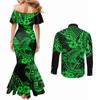Hawaii Shark Couples Matching Mermaid Dress and Long Sleeve Button Shirts Polynesian Pattern Green Version LT01 - Polynesian Pride