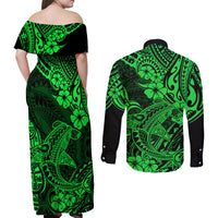 Hawaii Shark Couples Matching Off Shoulder Maxi Dress and Long Sleeve Button Shirts Polynesian Pattern Green Version LT01 - Polynesian Pride
