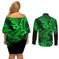 Hawaii Shark Couples Matching Off Shoulder Short Dress and Long Sleeve Button Shirts Polynesian Pattern Green Version LT01 - Polynesian Pride