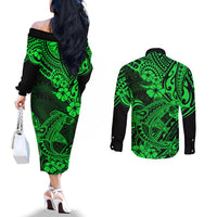 Hawaii Shark Couples Matching Off The Shoulder Long Sleeve Dress and Long Sleeve Button Shirts Polynesian Pattern Green Version LT01 - Polynesian Pride