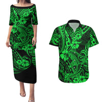 Hawaii Shark Couples Matching Puletasi Dress and Hawaiian Shirt Polynesian Pattern Green Version LT01 Green - Polynesian Pride