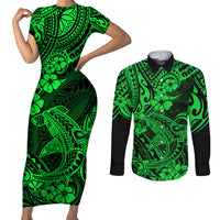 Hawaii Shark Couples Matching Short Sleeve Bodycon Dress and Long Sleeve Button Shirts Polynesian Pattern Green Version LT01 Green - Polynesian Pride