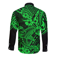 Hawaii Shark Long Sleeve Button Shirt Polynesian Pattern Green Version LT01 - Polynesian Pride