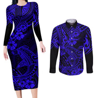Hawaii Shark Couples Matching Long Sleeve Bodycon Dress and Long Sleeve Button Shirts Polynesian Pattern Navy Blue Version LT01 Blue - Polynesian Pride